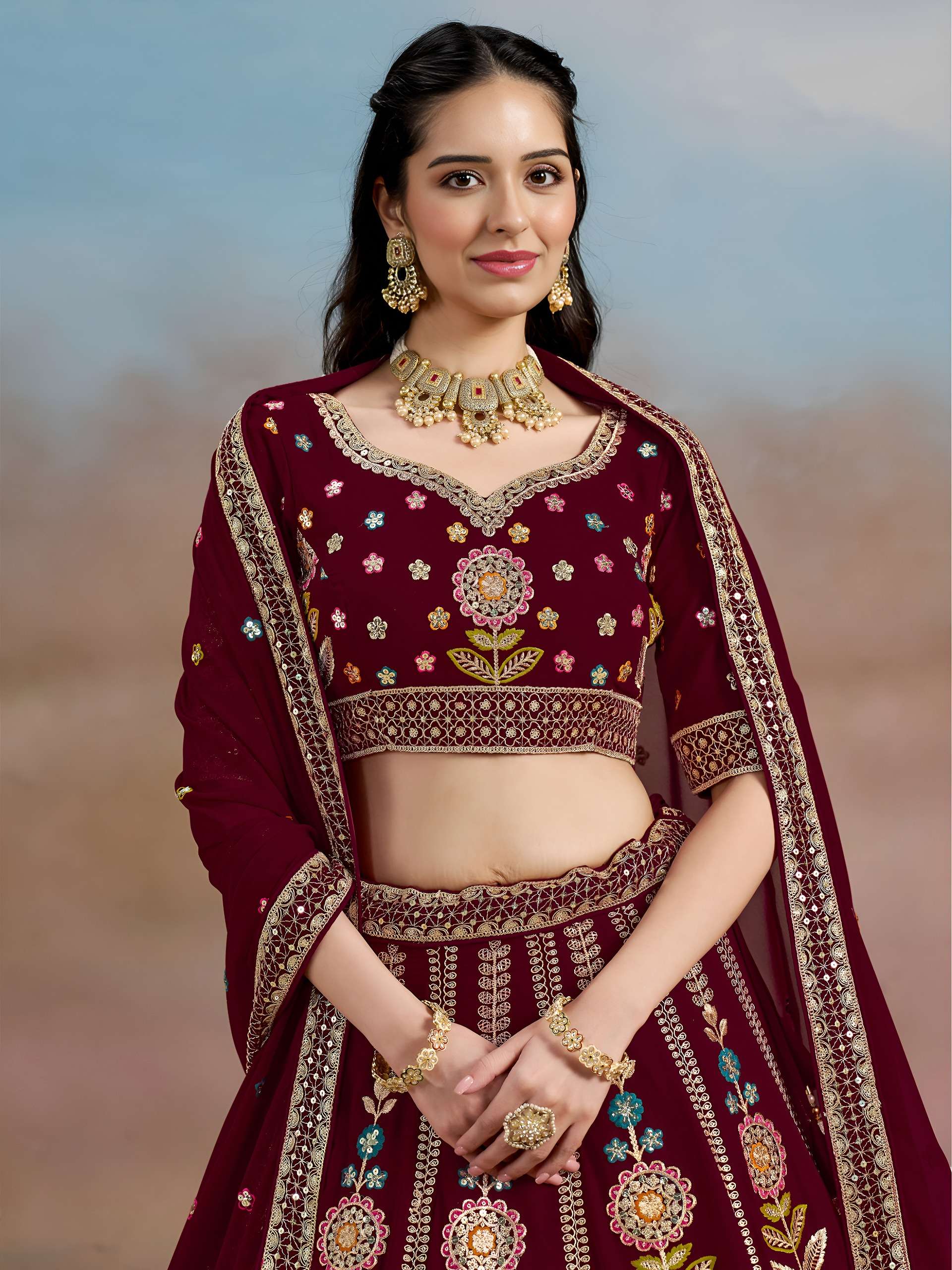 Regal Maroon Multicolor with Floral and Georgette fabric with Embroidered Lehenga Choli 6008 Maroon 